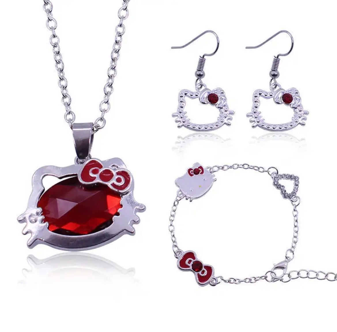 Kitty Kawaii 3Pcs Red Silver Jewellery Set - Bouquet Blossoms Shop