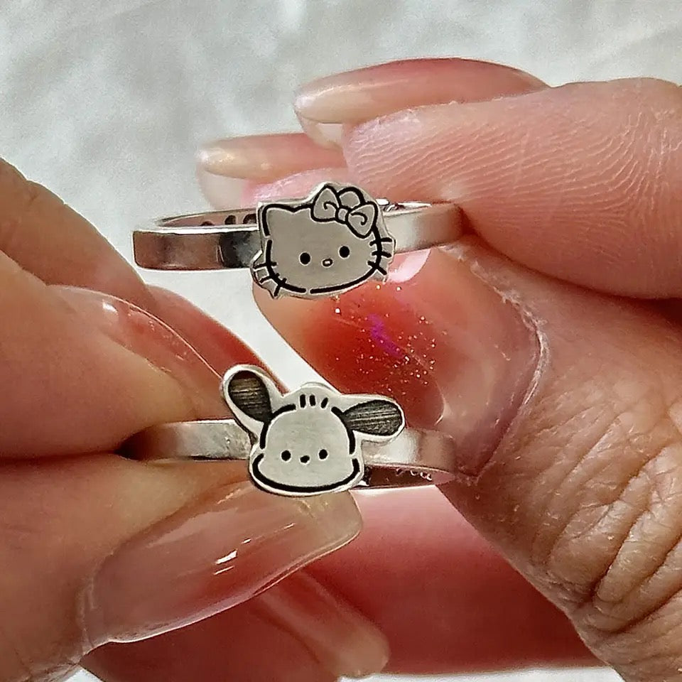 Kawaii Kitty and Pocha Adjustable Silver Rings - Bouquet Blossoms Shop