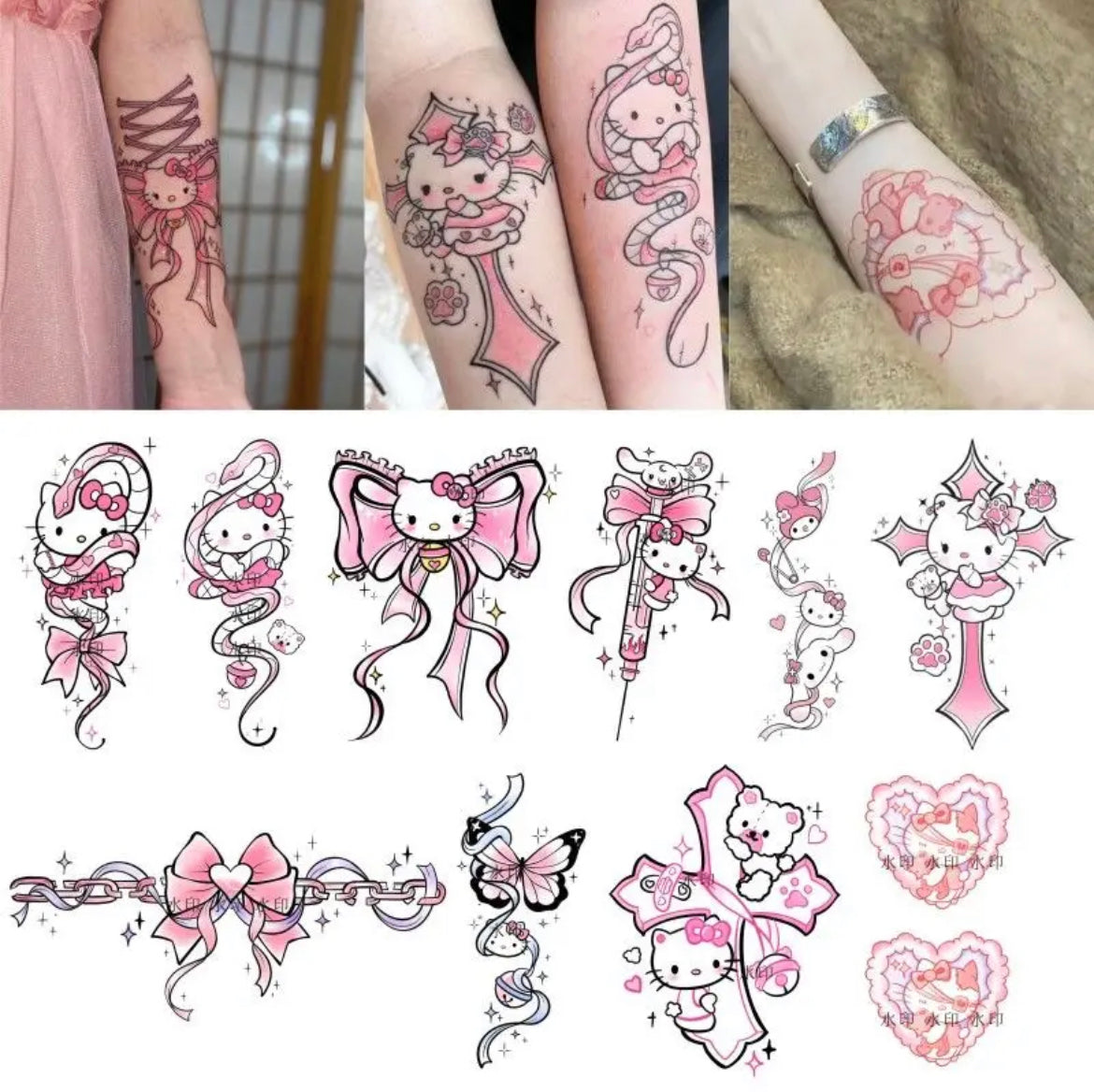 Kawaii Kitty 10pcs Y2K Pink Temporary Tattoos - Bouquet Blossoms Shop