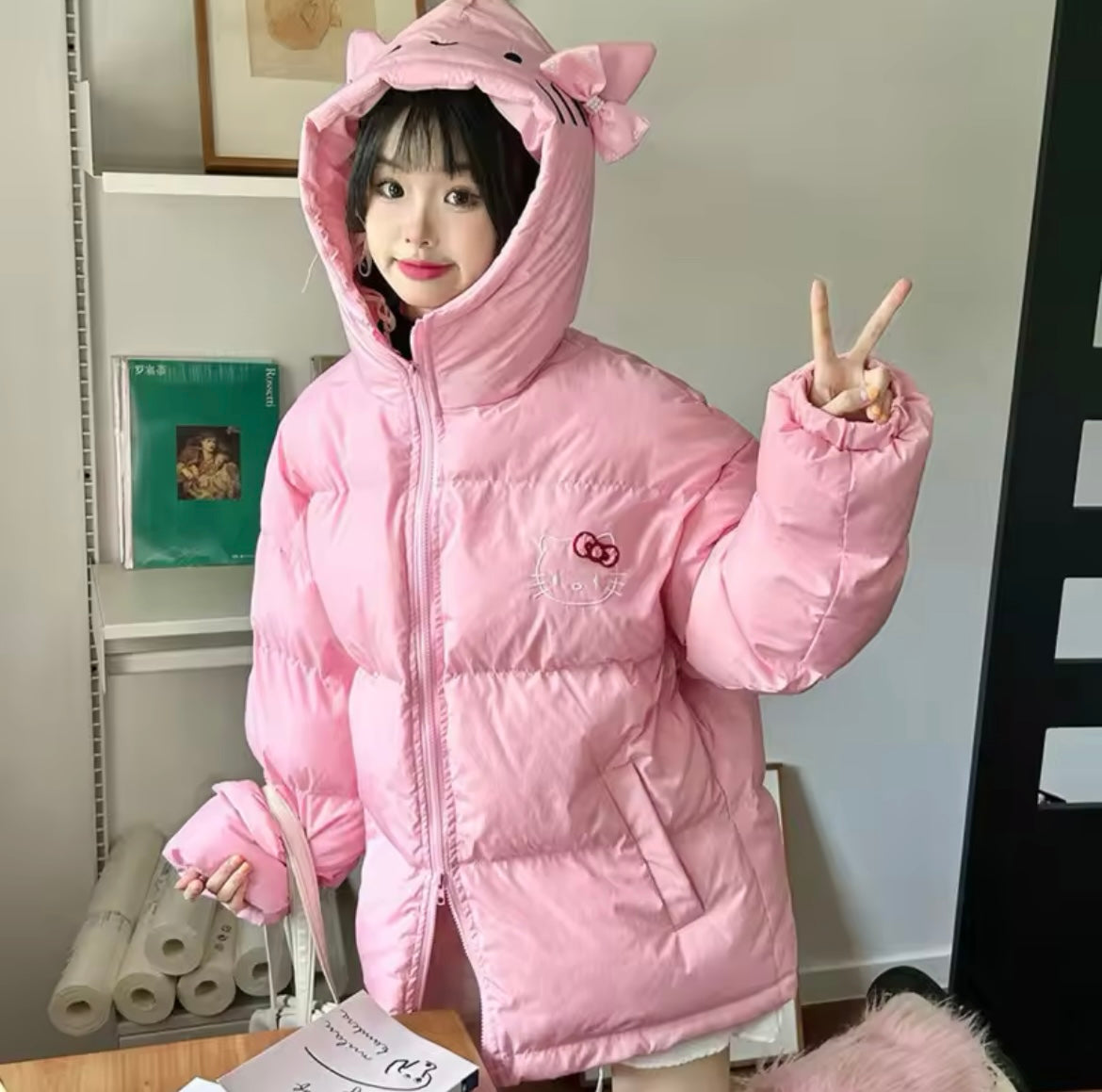 Kitty Kawaii Graphic Design Winter Puffer Coat Jacket (3 Colours)