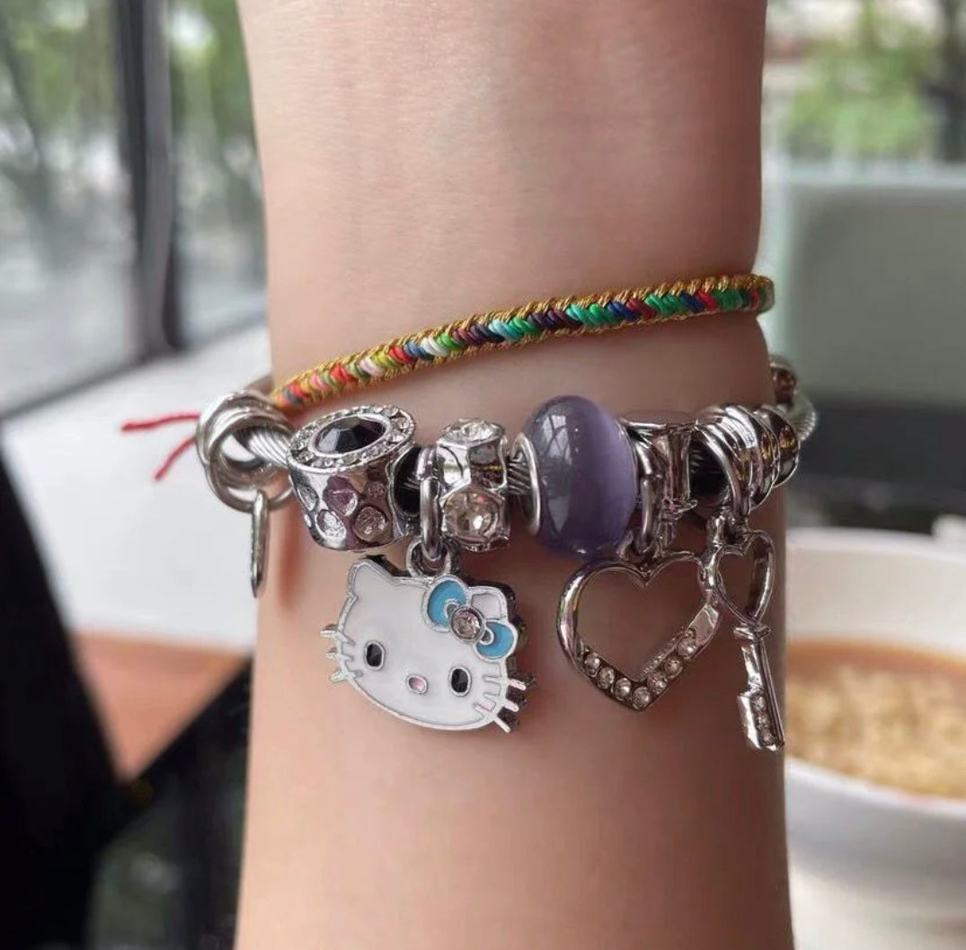 Kitty Kawaii Pink & Blue 925 Sterling Silver Charm Adjustable Bracelets - Bouquet Blossoms Shop