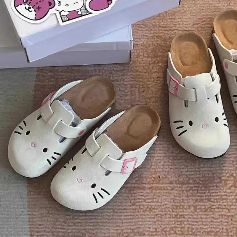 Kitty Kawaii Birkenstock Clog Style Slippers (Beige & Grey)