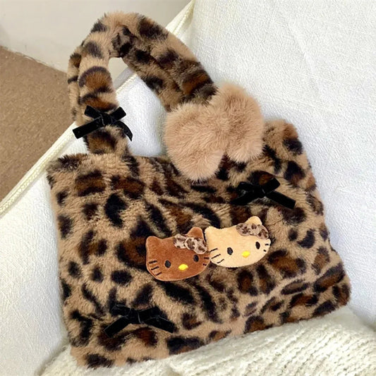 Kitty Kawaii Fuzzy Fluffy Plush Leopard Print Tote Handbag