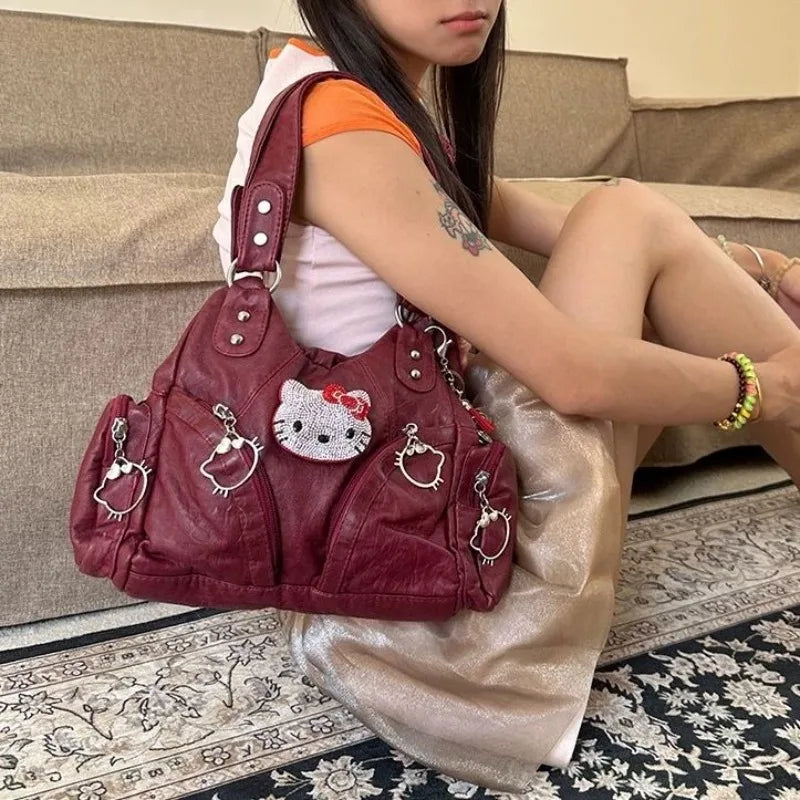 Kitty Kawaii Red Y2K Vintage Leather Shoulder Bag