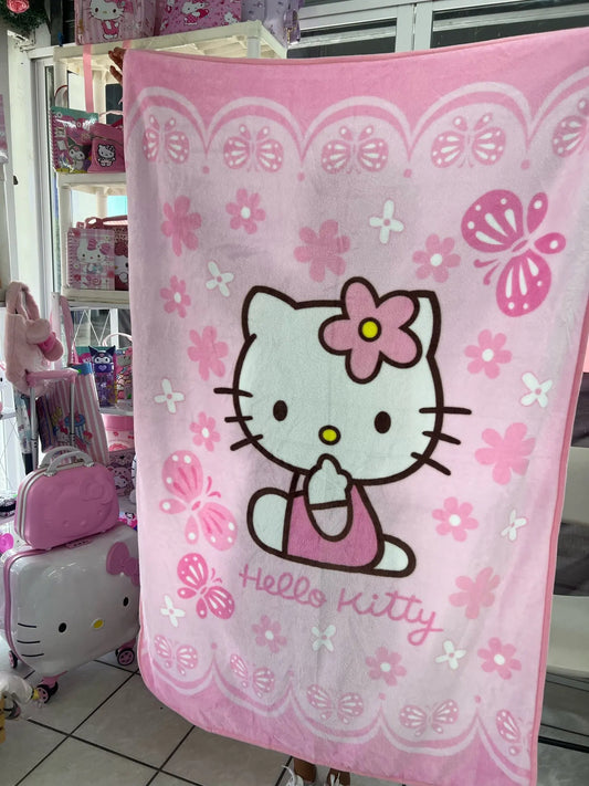 Kitty Kawaii Pink Plush Floral Blanket