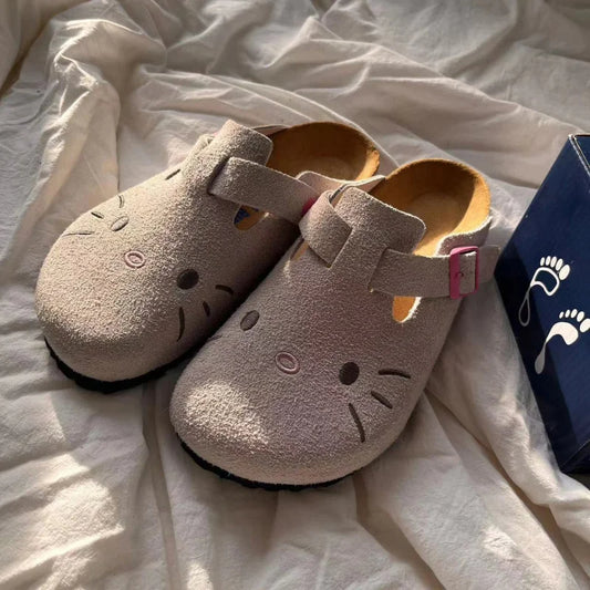 Kitty Kawaii Birkenstock Clog Style Slippers (Beige & Grey)