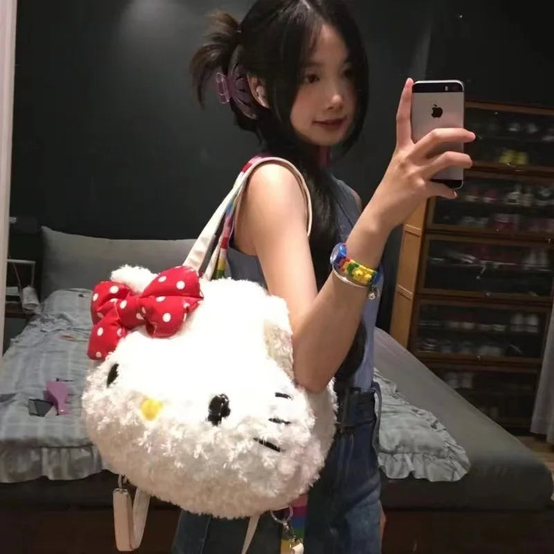 Kitty Kawaii Fluffy Plush Red Bow Shoulder Tote Bag