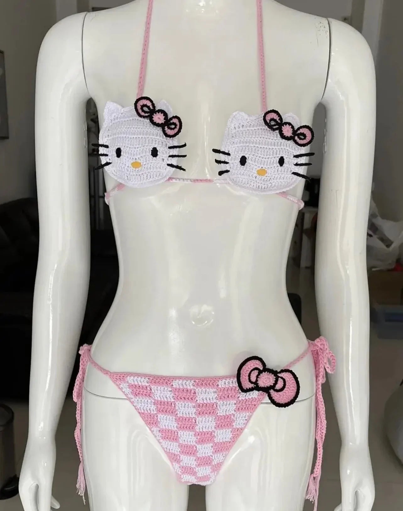 Kawaii Kitty Crochet Bikini Sets (Pink and Red) - Bouquet Blossoms Shop