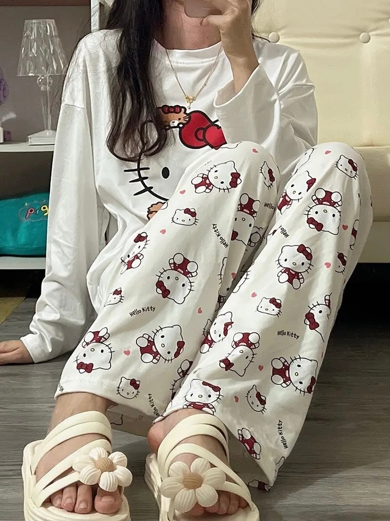 Kawaii Kitty Multiprint Two Piece Pyjama Pjs Set - Bouquet Blossoms Shop