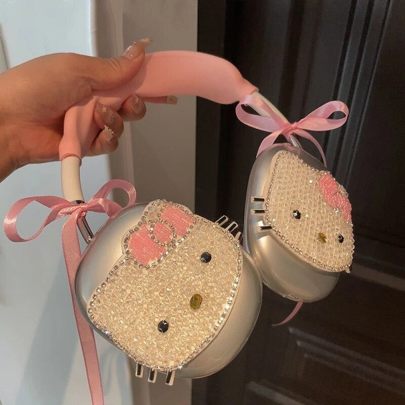 Sequin Kawaii Kitty Face Pink Bow Headphone Covers - Bouquet Blossoms Shop