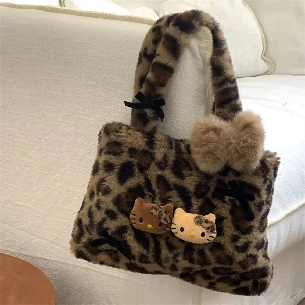 Kitty Kawaii Fuzzy Fluffy Plush Leopard Print Tote Handbag