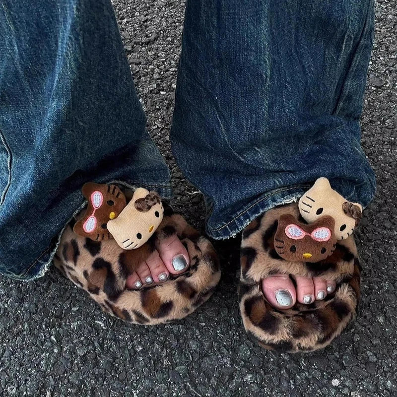 Kitty Kawaii Leopard Print Plush Slippers