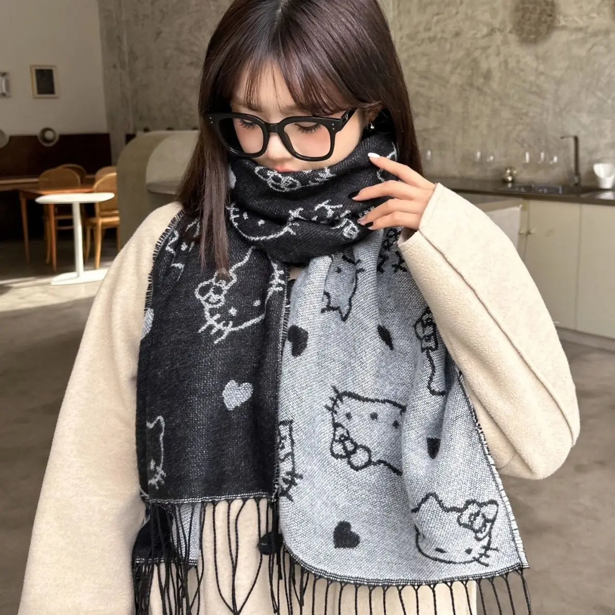 Kitty Kawaii Faced Reversible Knitted Scarf