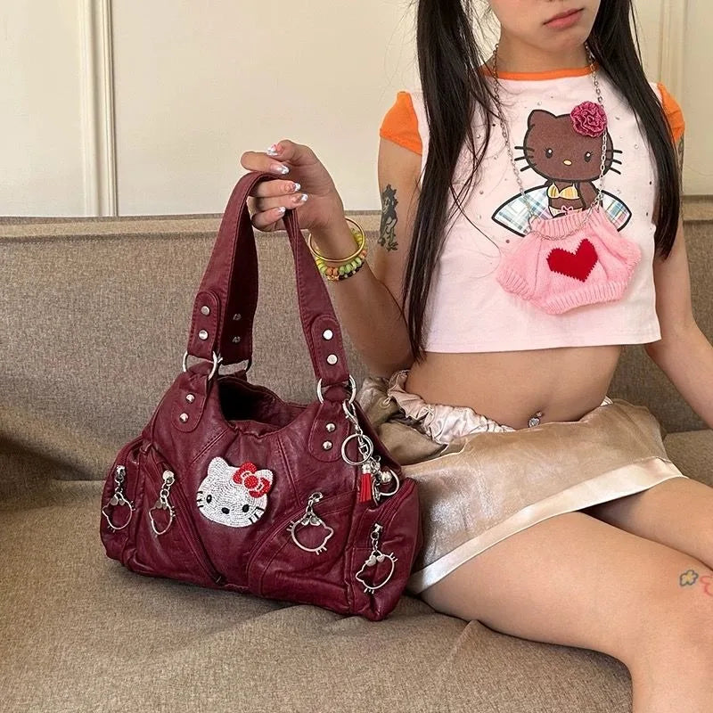 Kitty Kawaii Red Y2K Vintage Leather Shoulder Bag