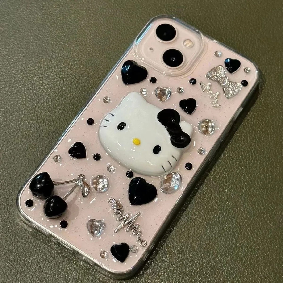 Kitty Kawaii Resin Clear Black Charm Phone Cases - Bouquet Blossoms Shop