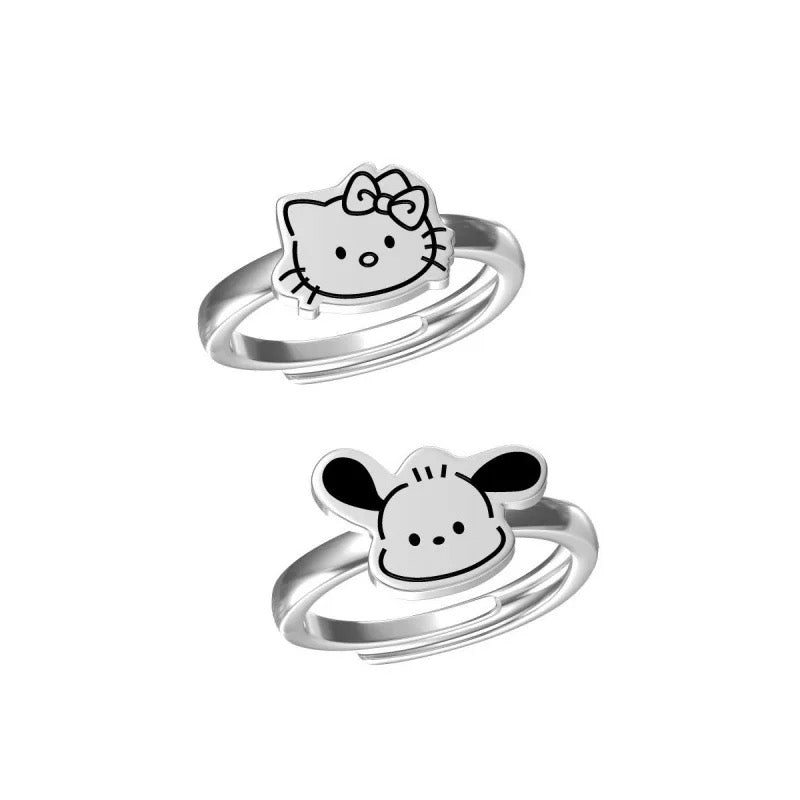 Kawaii Kitty and Pocha Adjustable Silver Rings - Bouquet Blossoms Shop