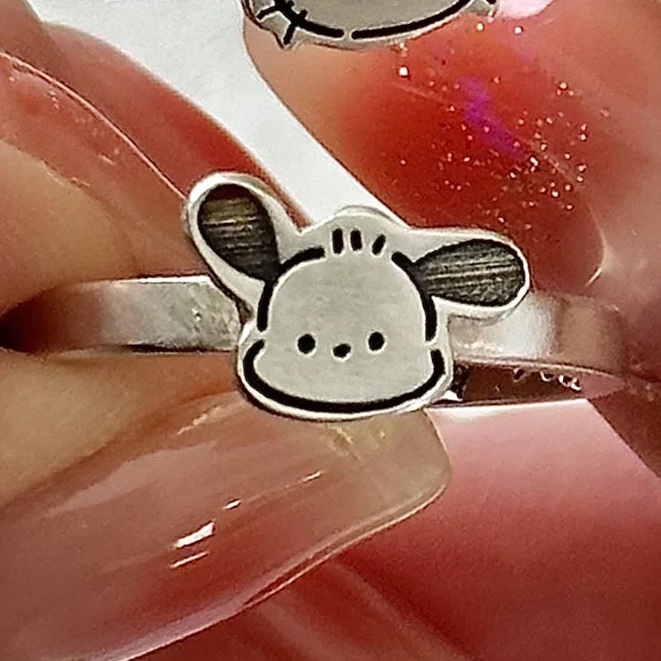 Kawaii Kitty and Pocha Adjustable Silver Rings - Bouquet Blossoms Shop