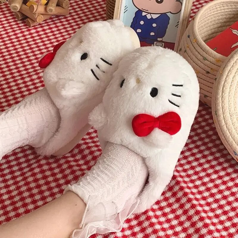 Kitty Kawaii Fluffy Fuzzy House Shoe Slippers - Bouquet Blossoms Shop