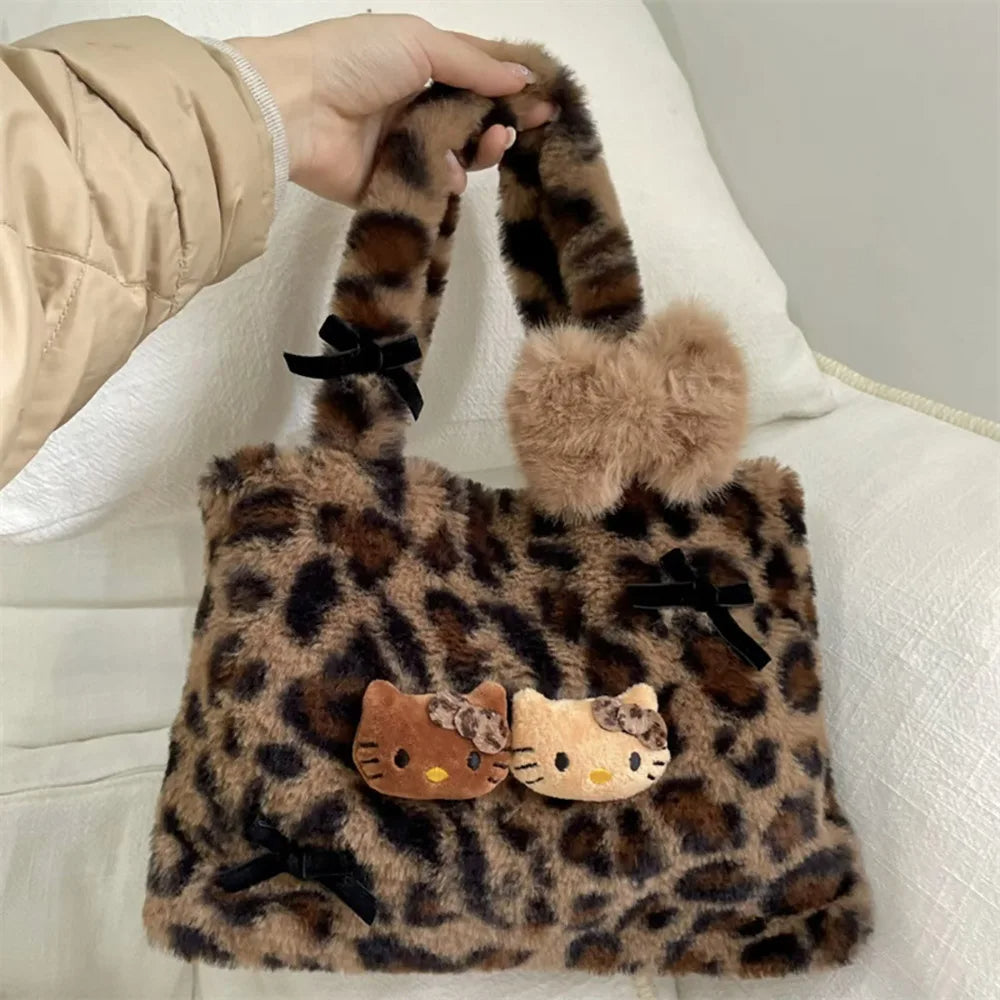 Kitty Kawaii Fuzzy Fluffy Plush Leopard Print Tote Handbag