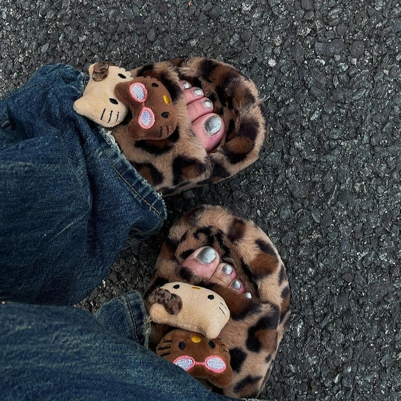 Kitty Kawaii Leopard Print Plush Slippers