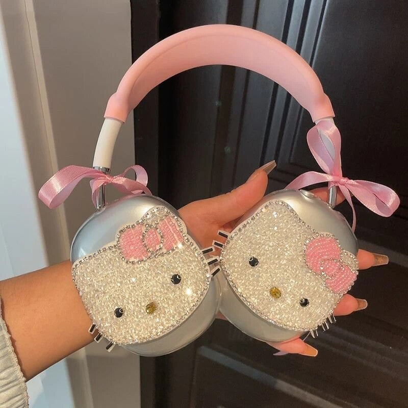 Sequin Kawaii Kitty Face Pink Bow Headphone Covers - Bouquet Blossoms Shop