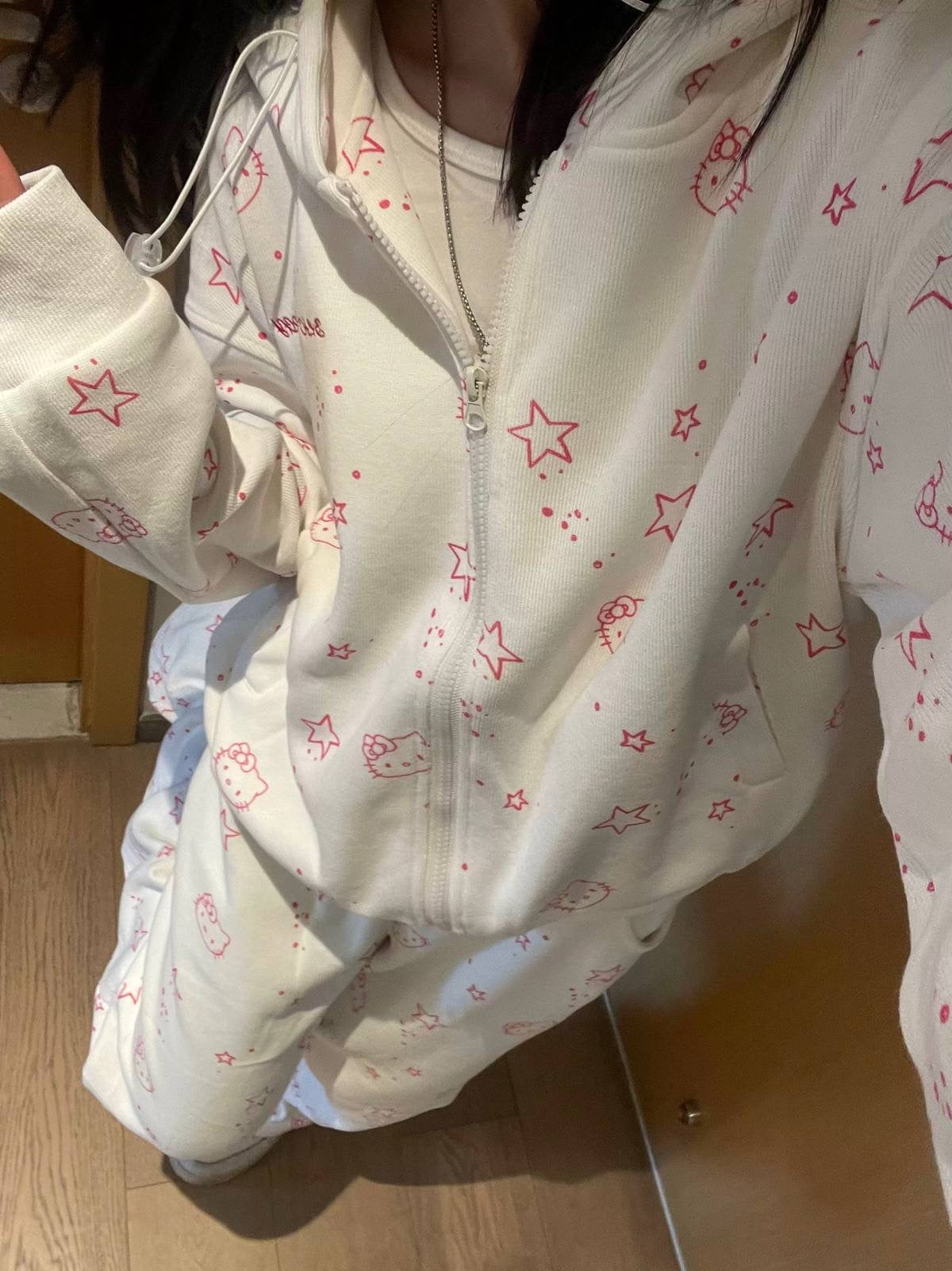 Kitty Kawaii Y2K White Pink Star Face Print Tracksuit Set