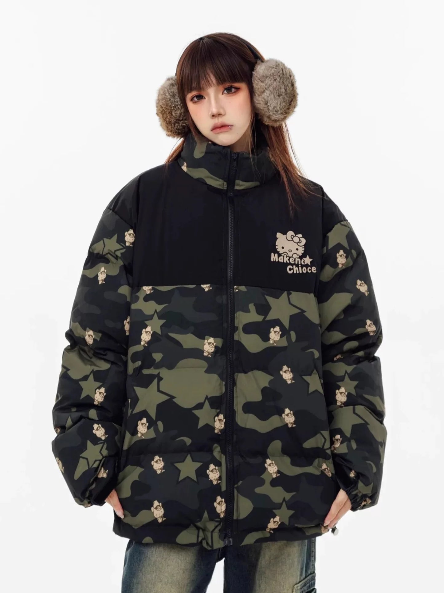 Kitty Kawaii Winter Puffer Camo Jacket Coat (Multiple Colours)