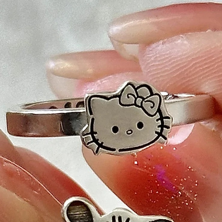 Kawaii Kitty and Pocha Adjustable Silver Rings - Bouquet Blossoms Shop