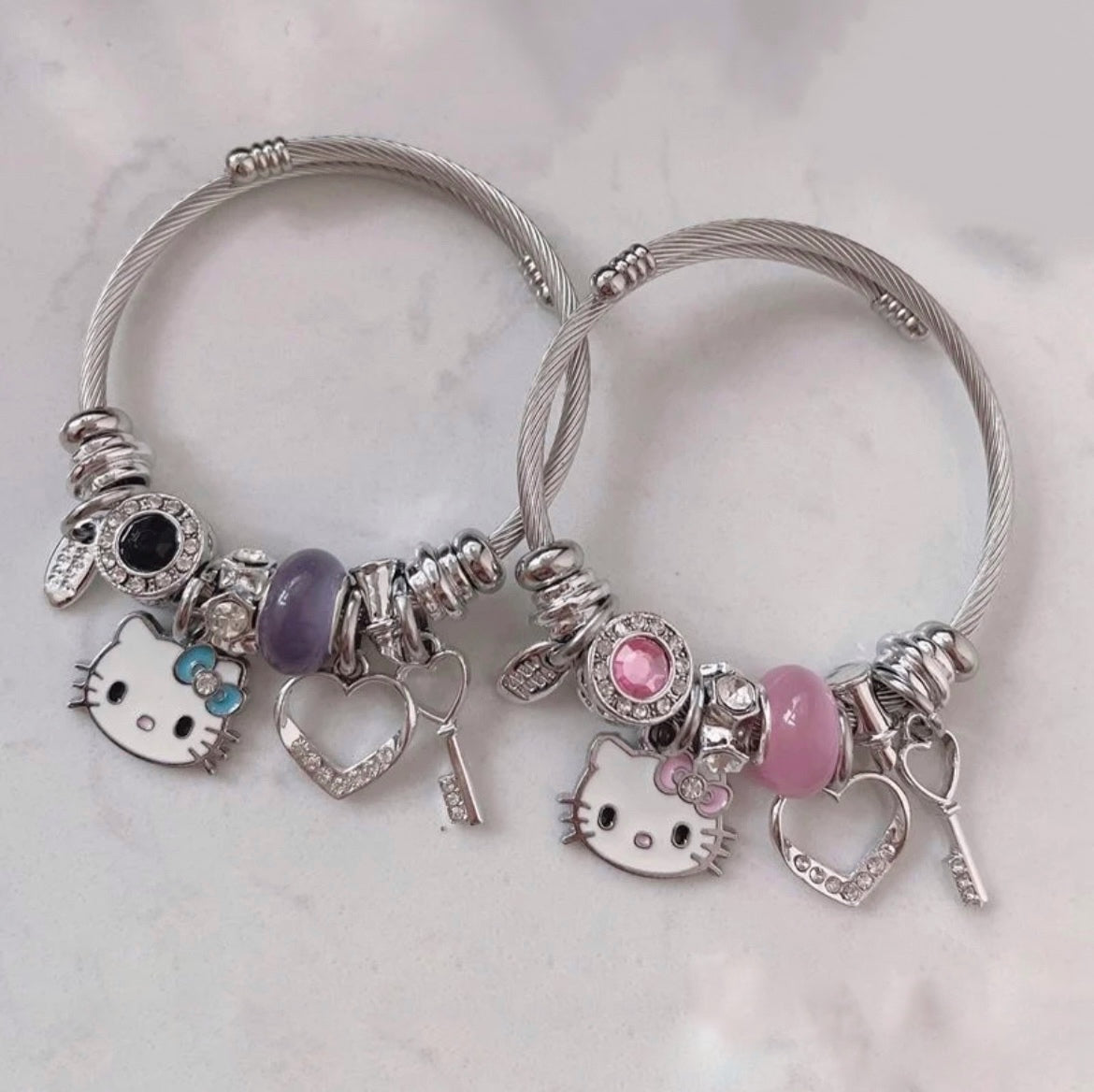 Kitty Kawaii Pink & Blue 925 Sterling Silver Charm Adjustable Bracelets - Bouquet Blossoms Shop