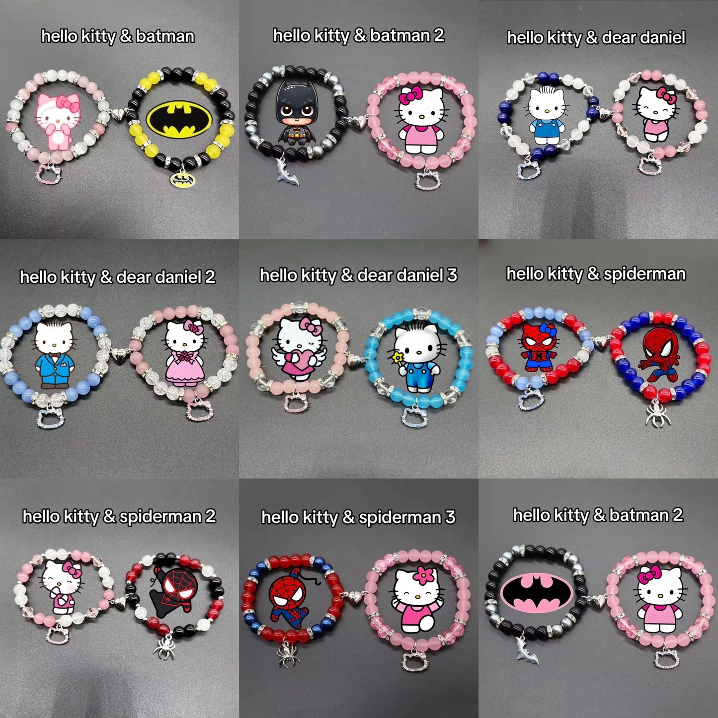 Kitty Kawaii & Bat Hero, Spider Hero, Dear Daniel Matching Adjustable Magnetic Bead Bracelets (8 Styles)