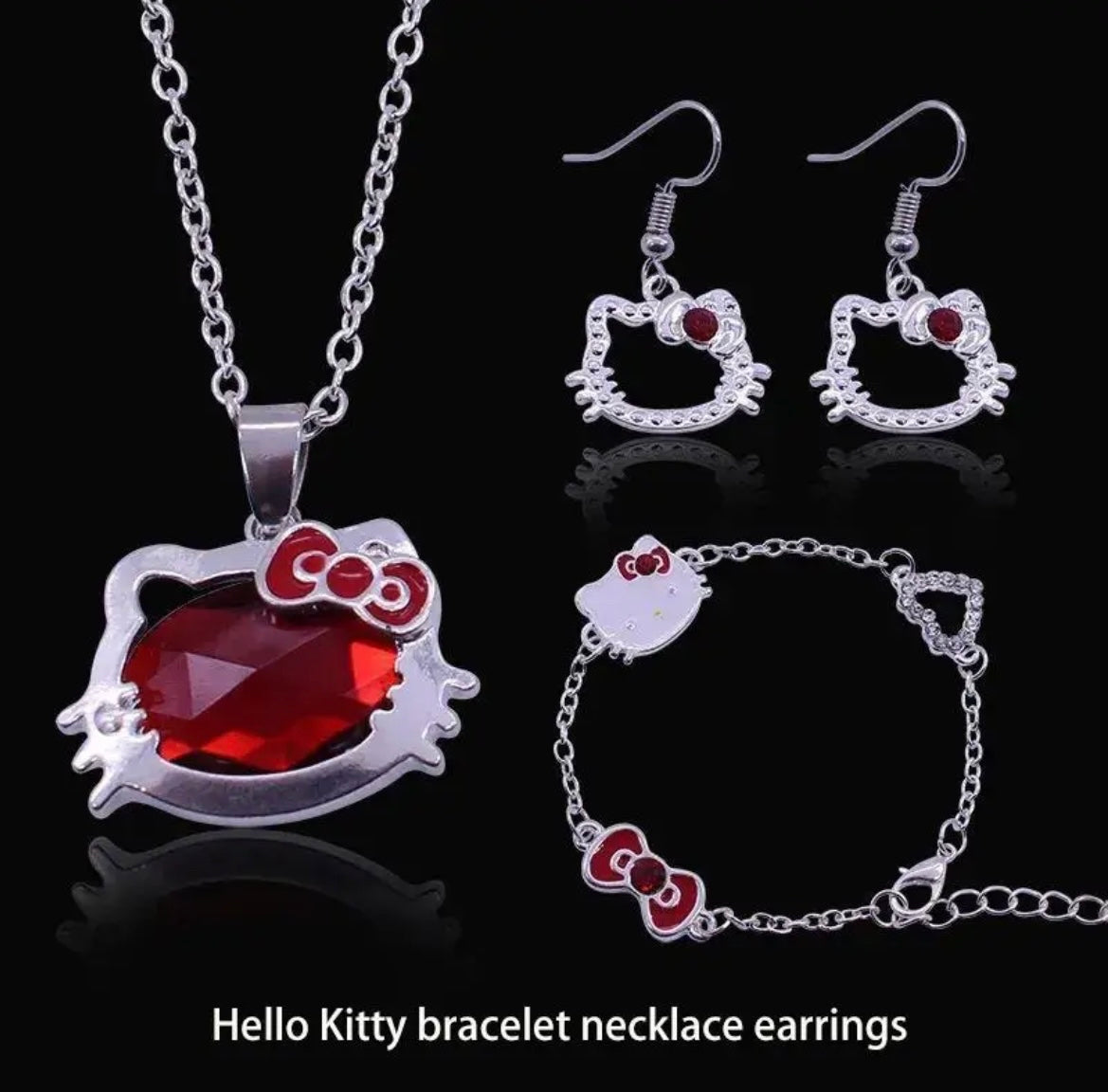 Kitty Kawaii 3Pcs Red Silver Jewellery Set - Bouquet Blossoms Shop