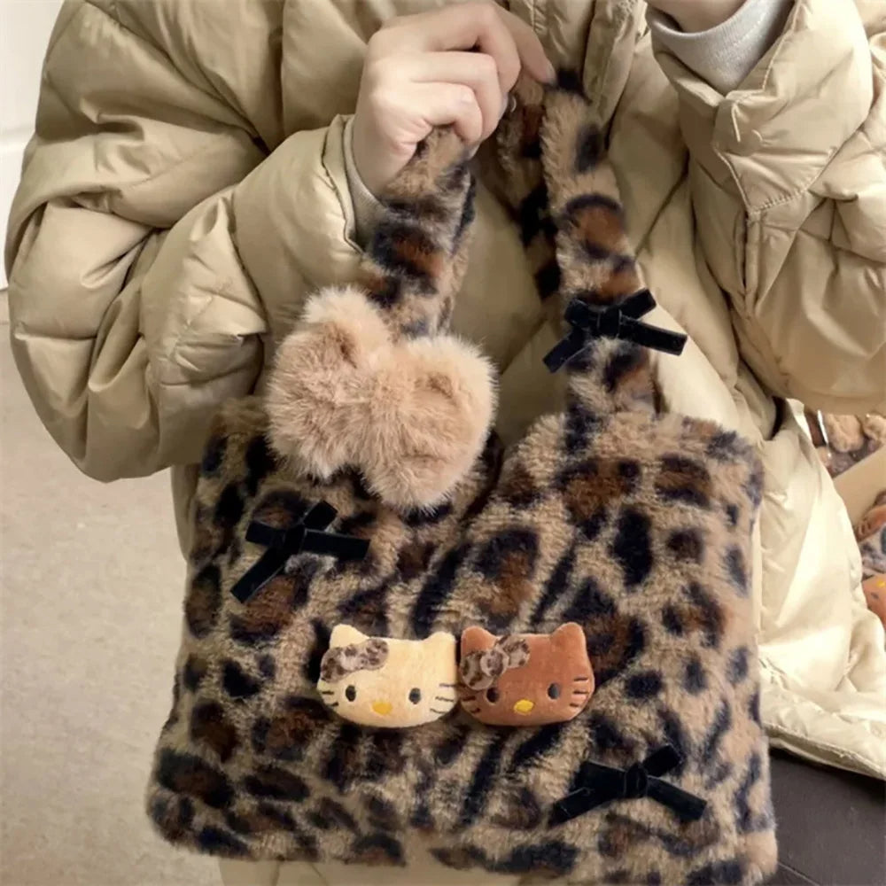 Kitty Kawaii Fuzzy Fluffy Plush Leopard Print Tote Handbag