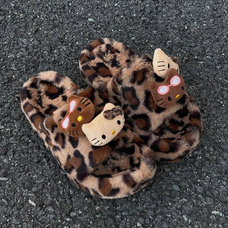 Kitty Kawaii Leopard Print Plush Slippers