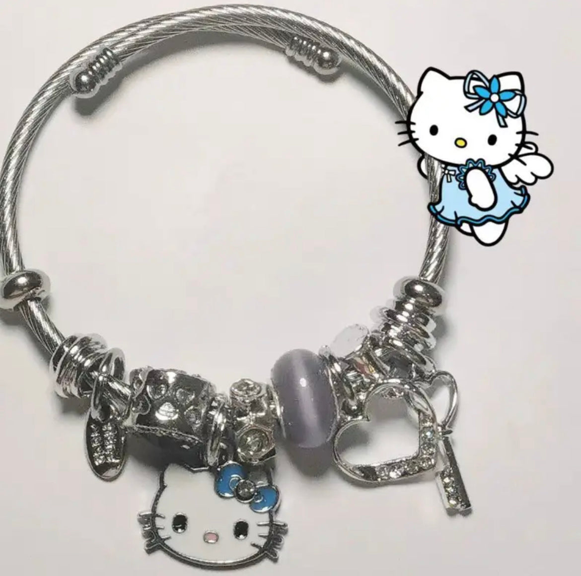 Kitty Kawaii Pink & Blue 925 Sterling Silver Charm Adjustable Bracelets - Bouquet Blossoms Shop