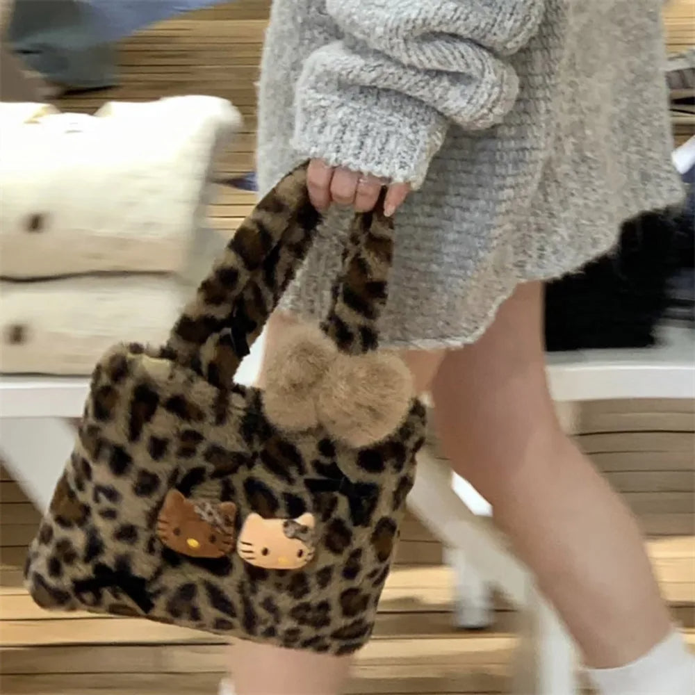 Kitty Kawaii Fuzzy Fluffy Plush Leopard Print Tote Handbag