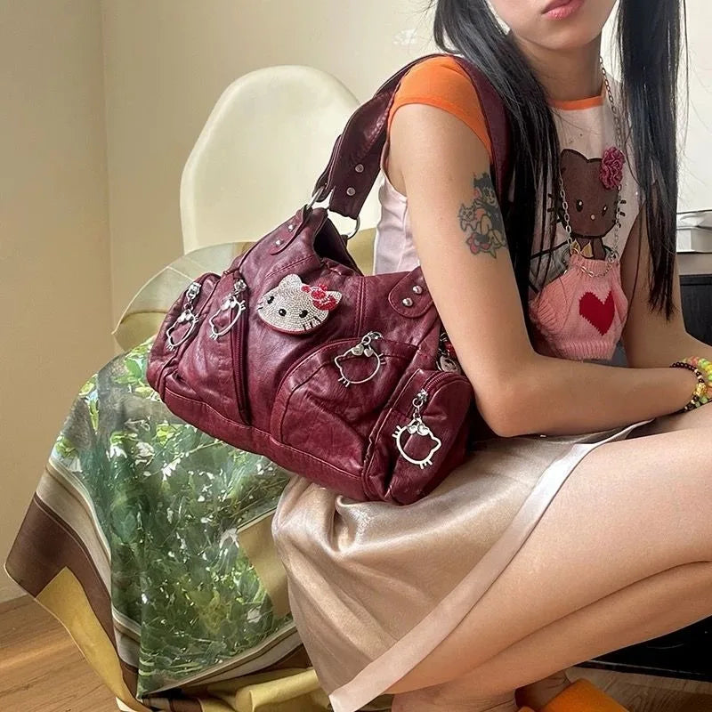 Kitty Kawaii Red Y2K Vintage Leather Shoulder Bag