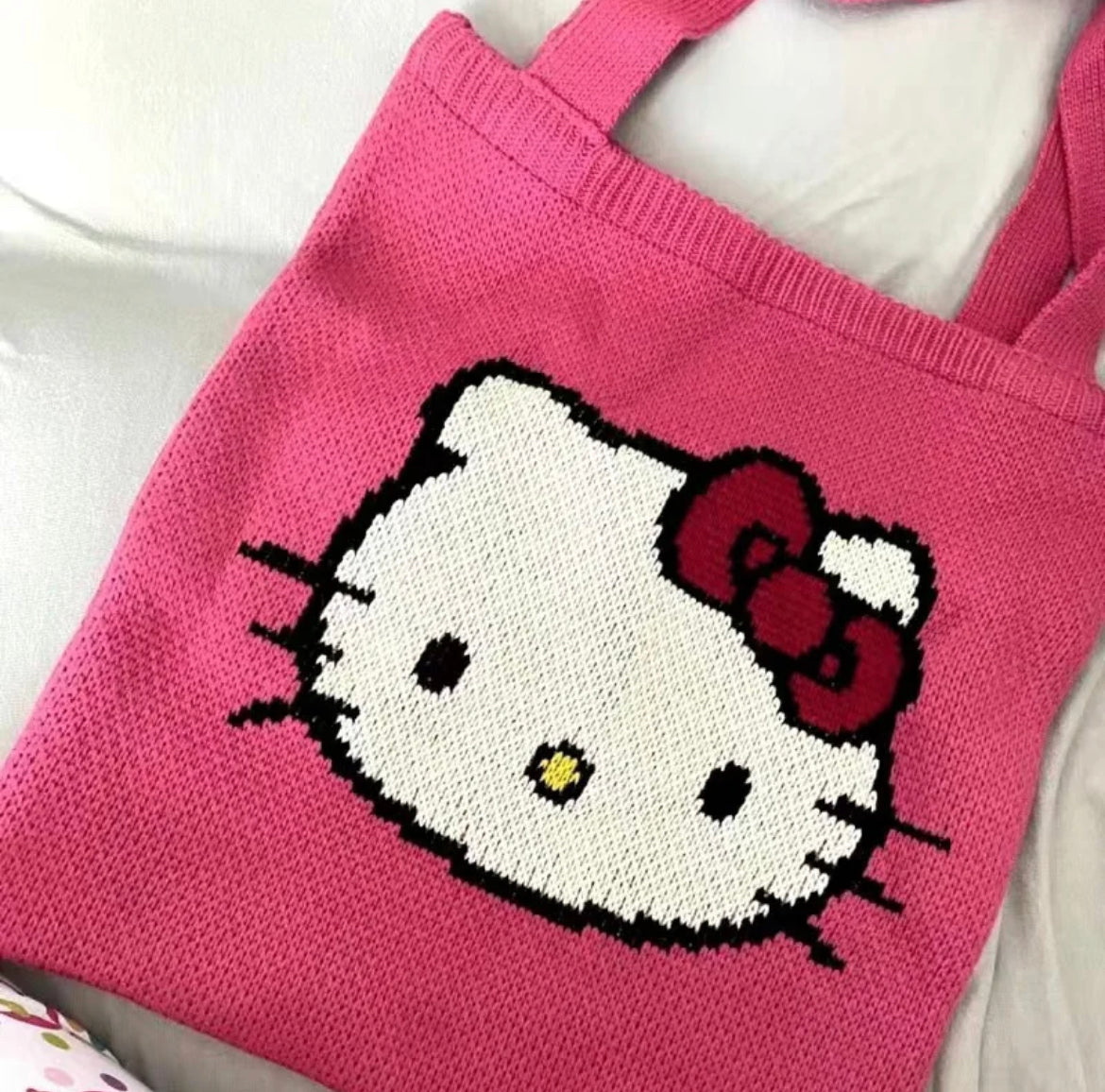 Kitty Kawaii Pink Crochet Tote Bag - Bouquet Blossoms Shop