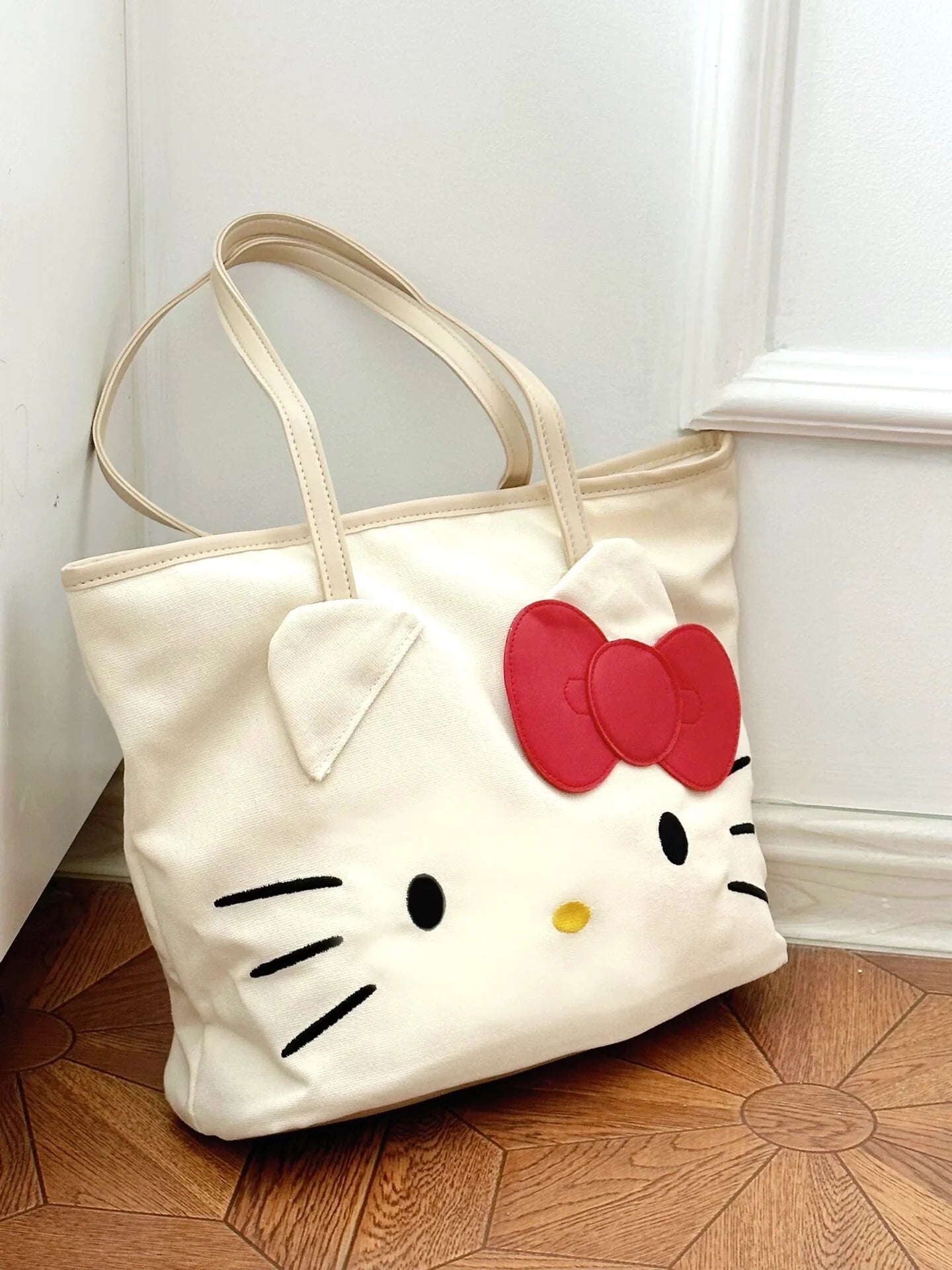 Kawaii Kitty Face Red Bow Tote Bag Style Hand Bag - Bouquet Blossoms Shop