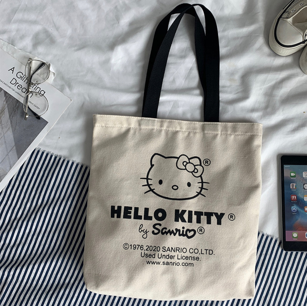 Kitty Kawaii Y2K Beige Tote Bag - Bouquet Blossoms Shop