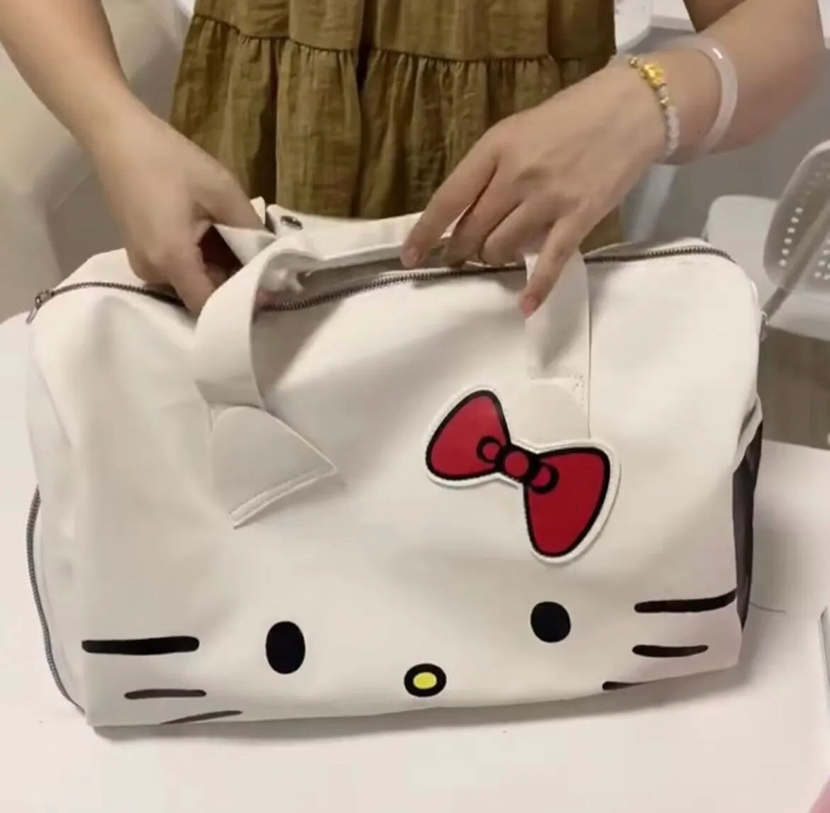 Kitty Kawaii White Duffle Travel Gym Bag - Bouquet Blossoms Shop