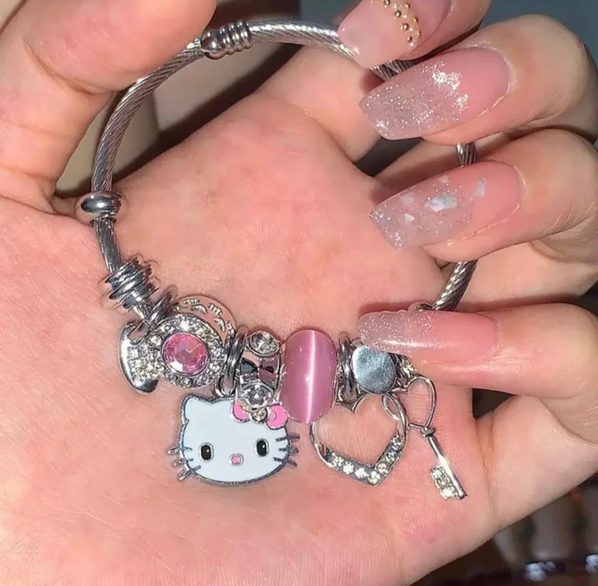 Kitty Kawaii Pink & Blue 925 Sterling Silver Charm Adjustable Bracelets - Bouquet Blossoms Shop