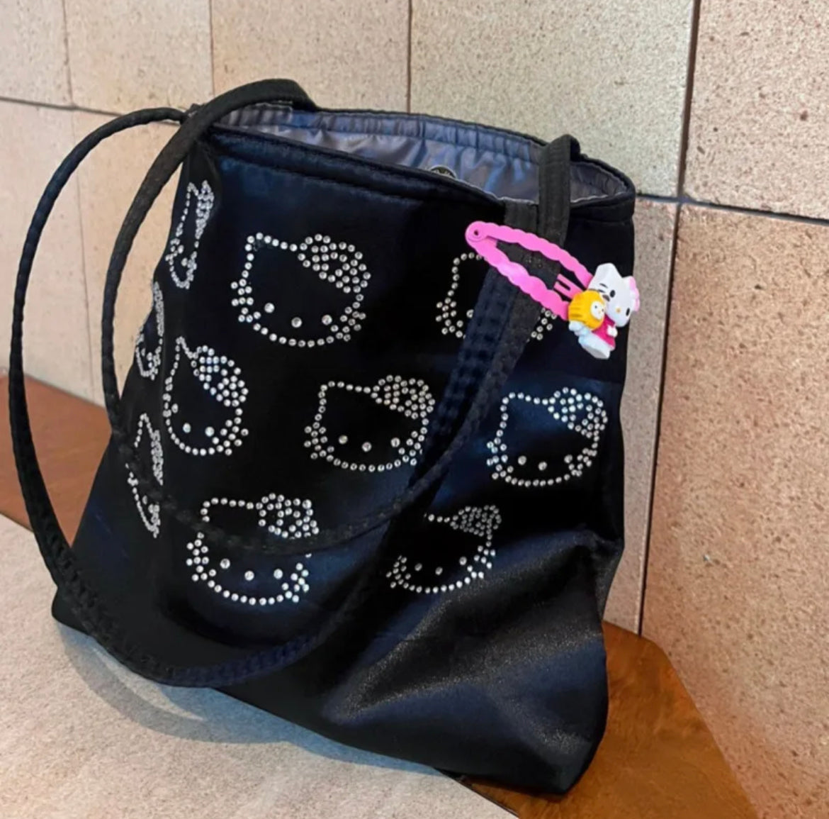 Kitty Kawaii Black Rhinestone ToteBag - Bouquet Blossoms Shop