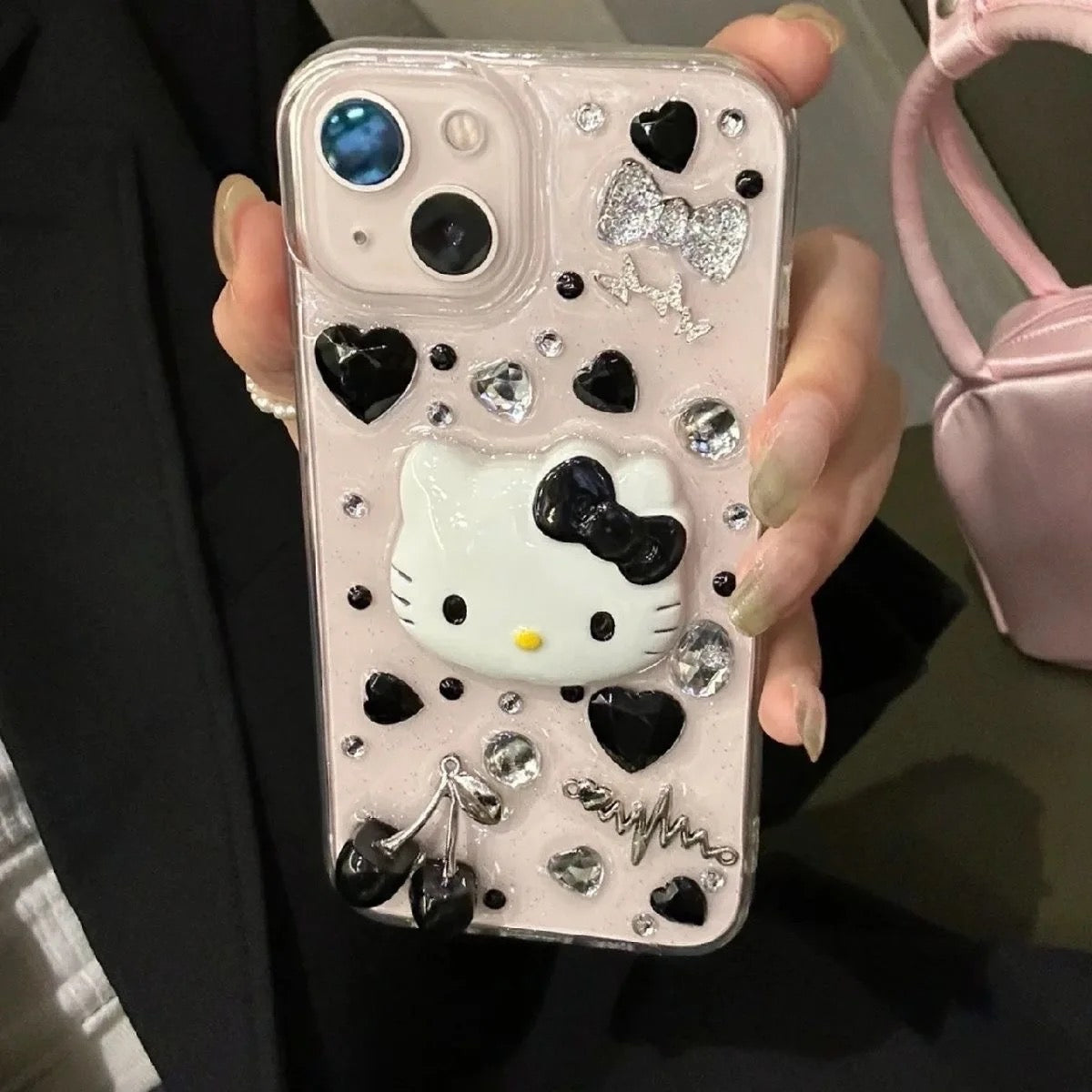 Kitty Kawaii Resin Clear Black Charm Phone Cases - Bouquet Blossoms Shop