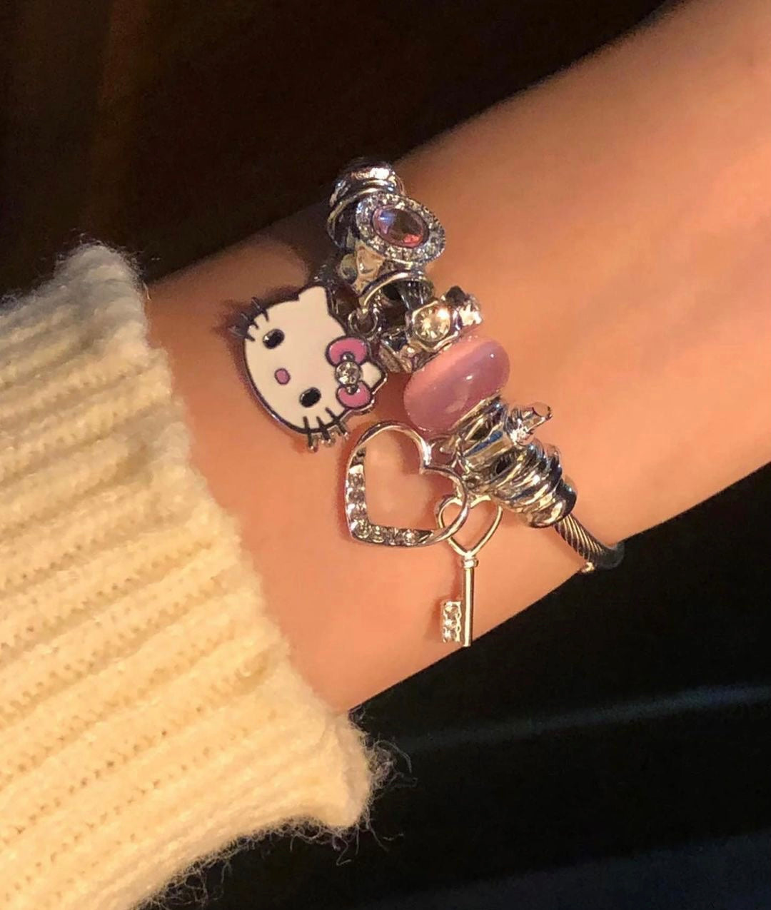 Kitty Kawaii Pink & Blue 925 Sterling Silver Charm Adjustable Bracelets - Bouquet Blossoms Shop