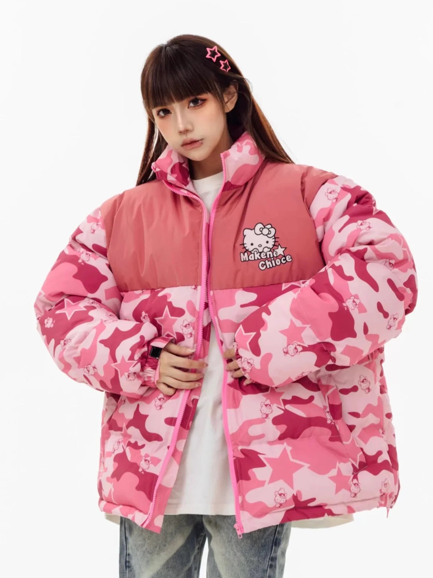 Kitty Kawaii Winter Puffer Camo Jacket Coat (Multiple Colours)