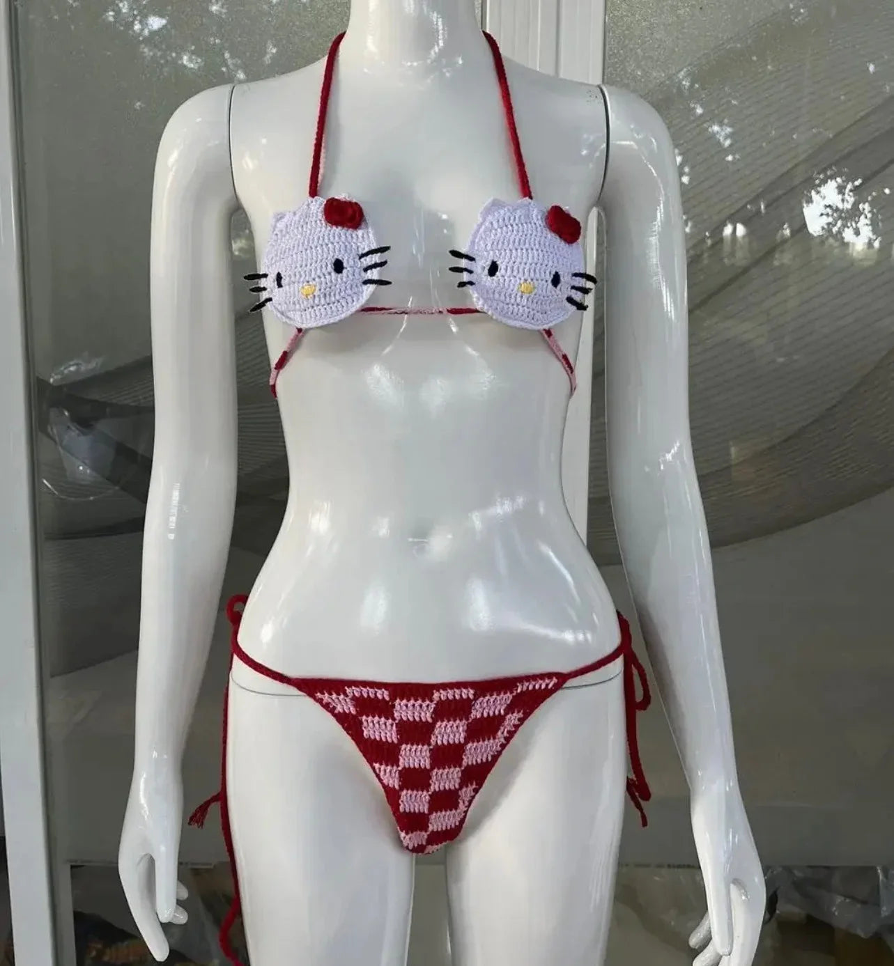 Kawaii Kitty Crochet Bikini Sets (Pink and Red) - Bouquet Blossoms Shop