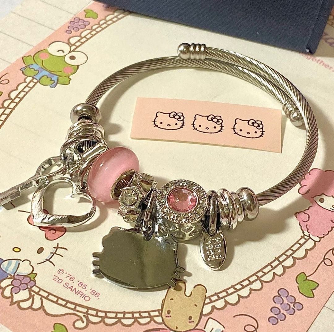 Kitty Kawaii Pink & Blue 925 Sterling Silver Charm Adjustable Bracelets - Bouquet Blossoms Shop