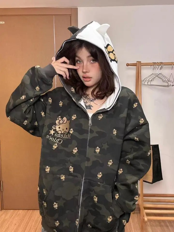 Kitty Kawaii Camo Zip Up Hoodie (Multiple Colours) - Bouquet Blossoms Shop