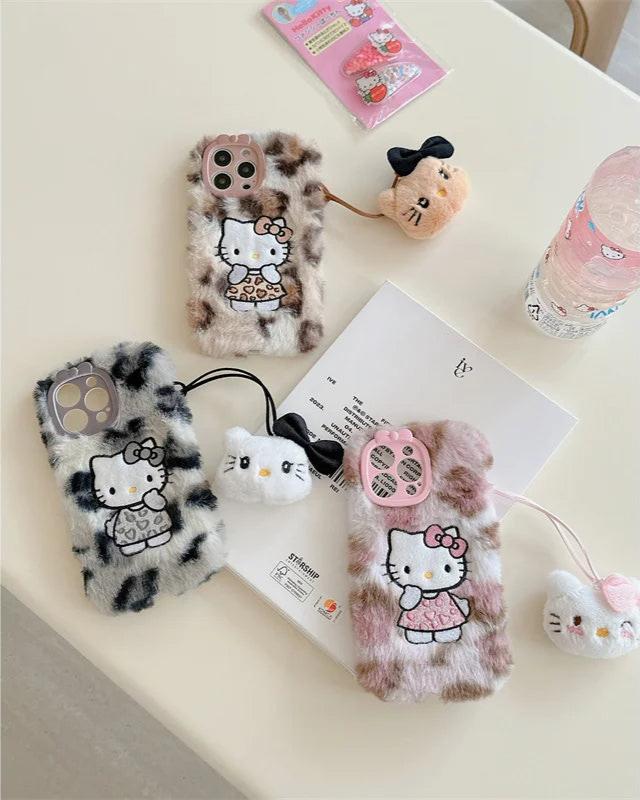 Kitty Kawaii Fluffy Fuzzy Plush Leopard Print iPhone Case with Wrist Strap