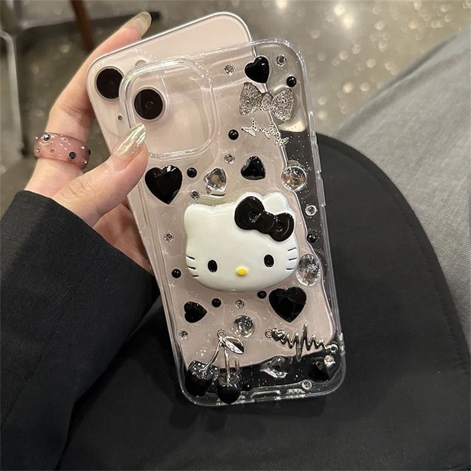 Kitty Kawaii Resin Clear Black Charm Phone Cases - Bouquet Blossoms Shop